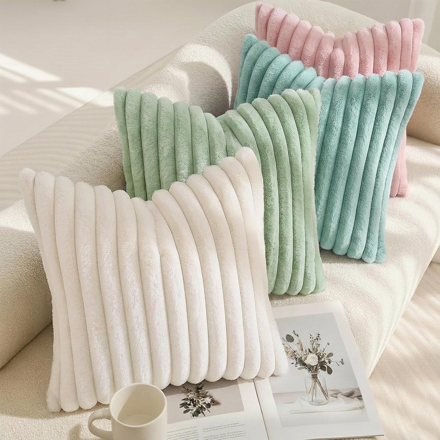 decorUhome Summer Cozy Faux Fur Throw Pillow Covers 18x18 Set of 2 Decorative Soft Plush Striped Modern Farmhouse Boho Couch Pillow Cases with Velvet Back for Sofa Bed Living Room, Pink