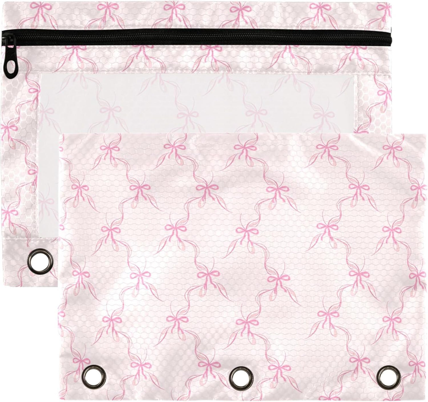 Wamika Bowknot Pink Binder Pouches 3 Ring for Boys Girls School Office College Supplies Cute Bow Ribbon Tie Pencil Pouches Case Bag with Clear Window and Zipper 2 pack