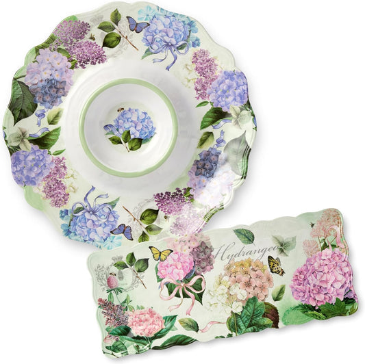 Garden Path Melamine 2-Piece Appetizer Hostess Set – Chip & Dip Platter 14.5" and Rectangular Serving Tray 19" x 8", BPA-Free, Pink, Purple, and White Hydrangea Design