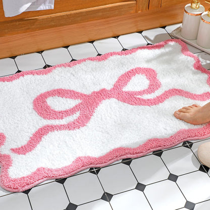 Tinideya Pink Bow Bathroom Rug 20" x 32" Scalloped Bow Bath Mat Non Slip Cute Coquette Aesthetic Carpet Preppy Room Decor Microfiber Absorbent Mat for Bathtub Shower Bedroom Gift