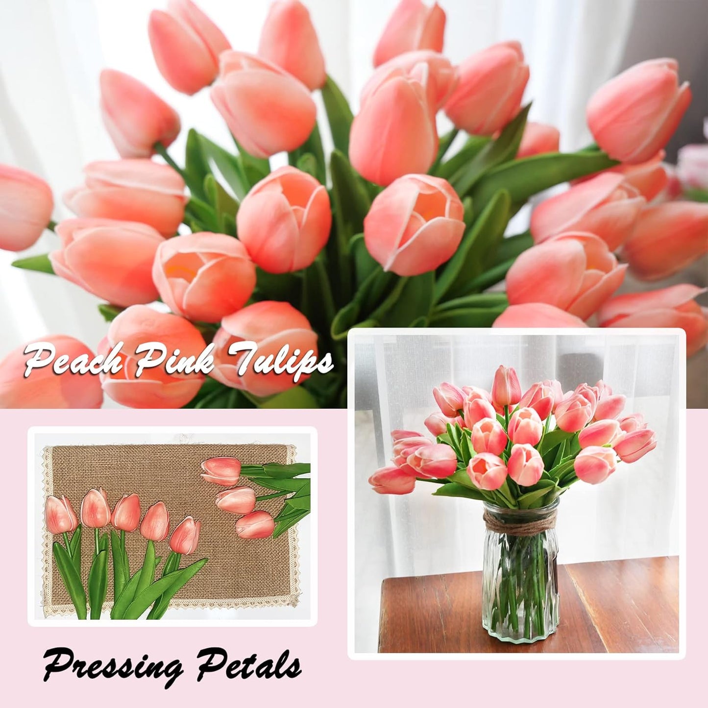 KOILLUXU Artificial Flowers 30pcs Bouquet 14" Tall Real Touch Tulips, Peach Pink PU Fake Tulips Flowers for Arrangement Wedding Party or Easter Spring Home Centerpiece Dining Room Office Table Décor.
