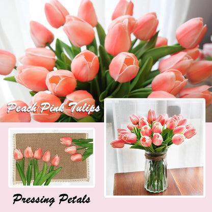 KOILLUXU Artificial Flowers 30pcs Bouquet 14" Tall Real Touch Tulips, Peach Pink PU Fake Tulips Flowers for Arrangement Wedding Party or Easter Spring Home Centerpiece Dining Room Office Table Décor.