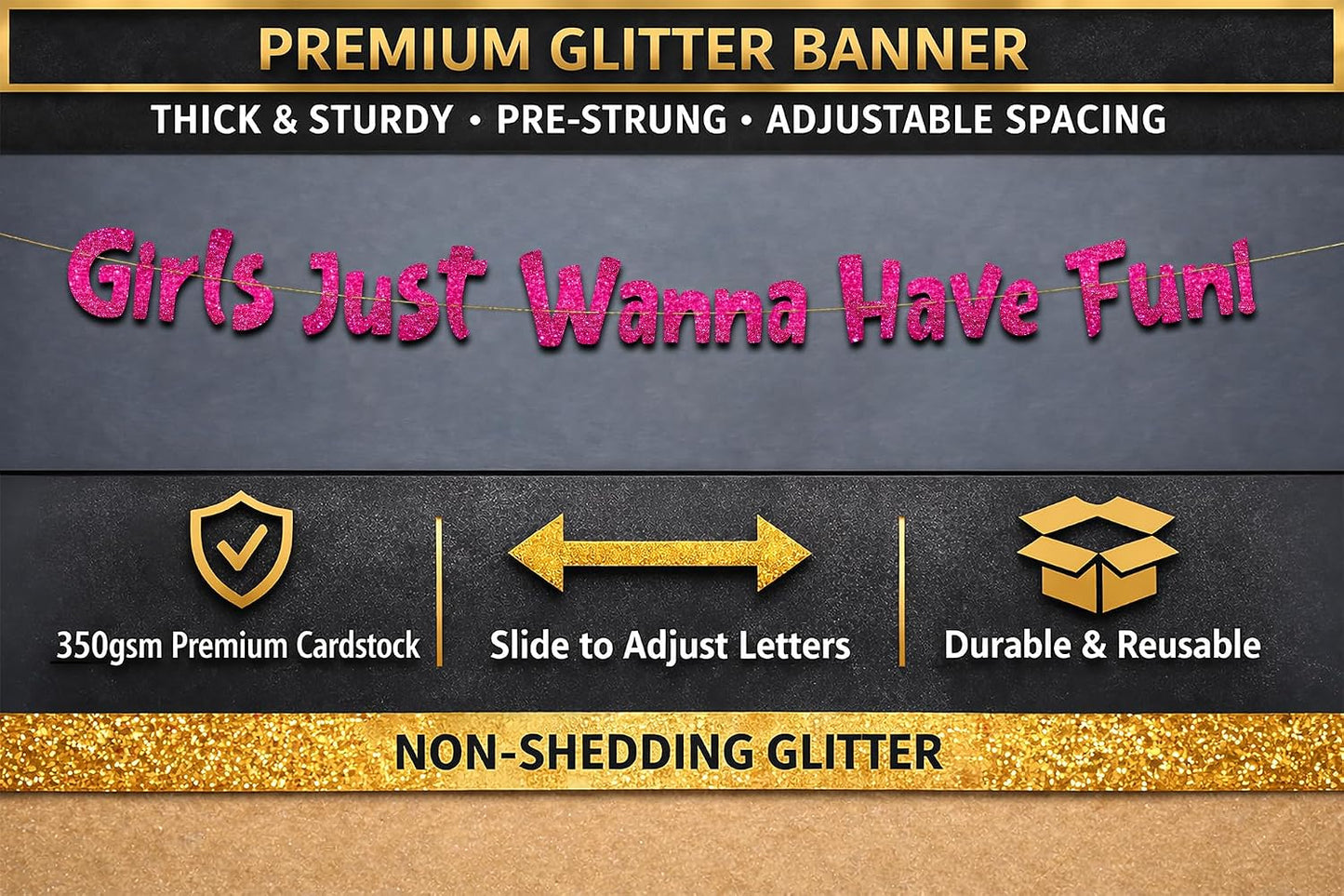 Pre-Strung Girls Just Wanna Have Fun Neon Pink Glitter Banner - Bachelorette Party Decorations for Her - Party Supplies, Favors and Gifts