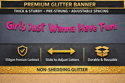 Pre-Strung Girls Just Wanna Have Fun Neon Pink Glitter Banner - Bachelorette Party Decorations for Her - Party Supplies, Favors and Gifts