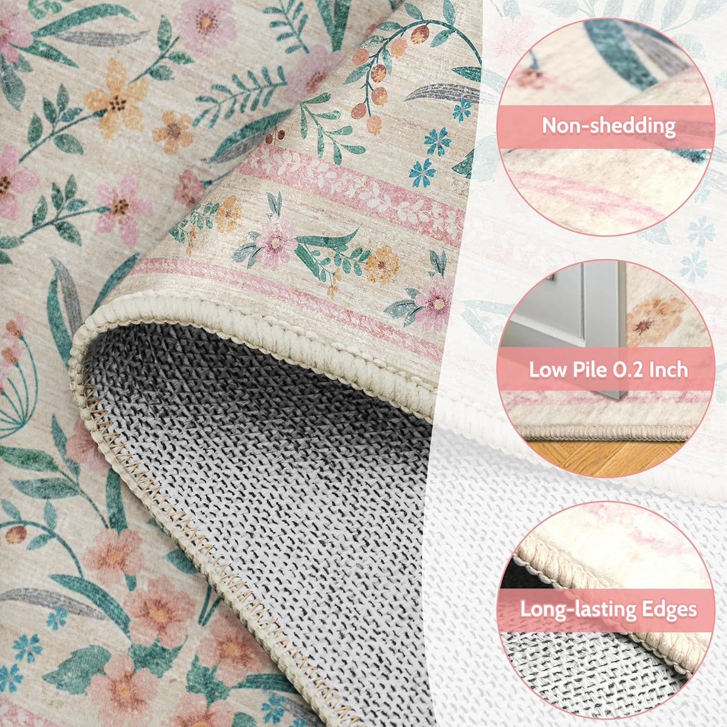 5x7 Pink Floral Nursery Rug,Pink Rugs for Bedroom Girls,Machine Washable Non Slip Soft Faux Wool Carpet,Cute Boho Indoor Area Rugs for Kids Room or Playroom