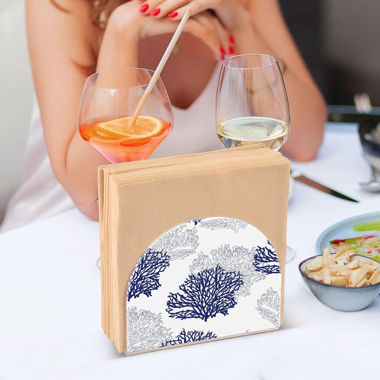 Coral Patterned Navy Blue Gray White Napkin Holder for Table Acrylic Cocktail Napkin Holders Decorative Tissue Dispenser Vertical Napkin Holder for Home Decor Kitchen Dining, 2 PC