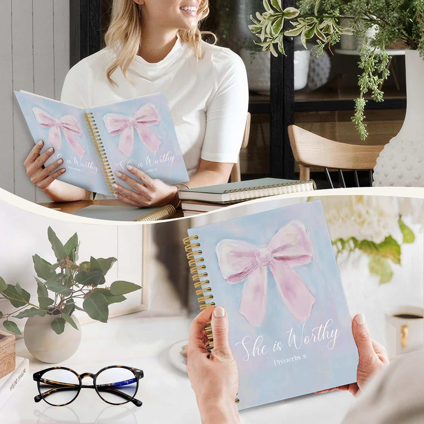 YLZlhb Pink Coquette Bow Christian Spiral Notebook Journal, Pastel Preppy Bible Notebooks for Note Taking, Christian Gifts for Women, She Is Worthy Religious Hardcover Spiral Journal 5.5x8.3 Inches