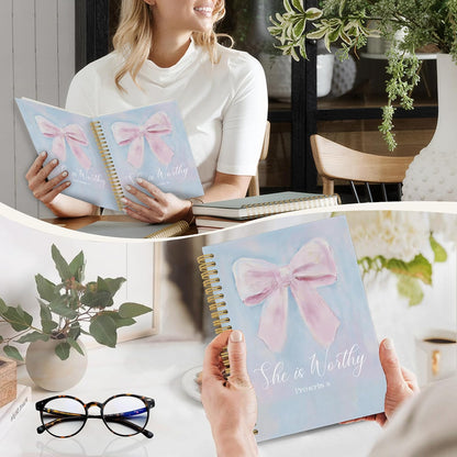 YLZlhb Pink Coquette Bow Christian Spiral Notebook Journal, Pastel Preppy Bible Notebooks for Note Taking, Christian Gifts for Women, She Is Worthy Religious Hardcover Spiral Journal 5.5x8.3 Inches