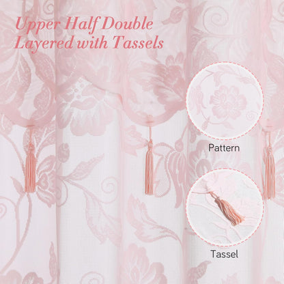Pink Lace Shower Curtain with Tassels,Luxury Floral Sheer Romantic Bath Curtains for The Bathroom,72" W x 78" H
