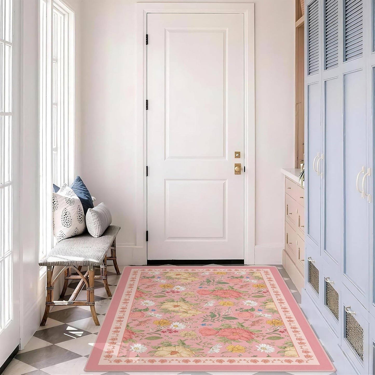 3x5 Pink Area Rug Soft Machine Washable Boho Floral Area Rug with Non-Slip Backing Low Pile Throw Rugs for Entryway, Living Room, Kitchen, Kis Room, Office, Bedroom, Dorm Decoration Mat Carpet