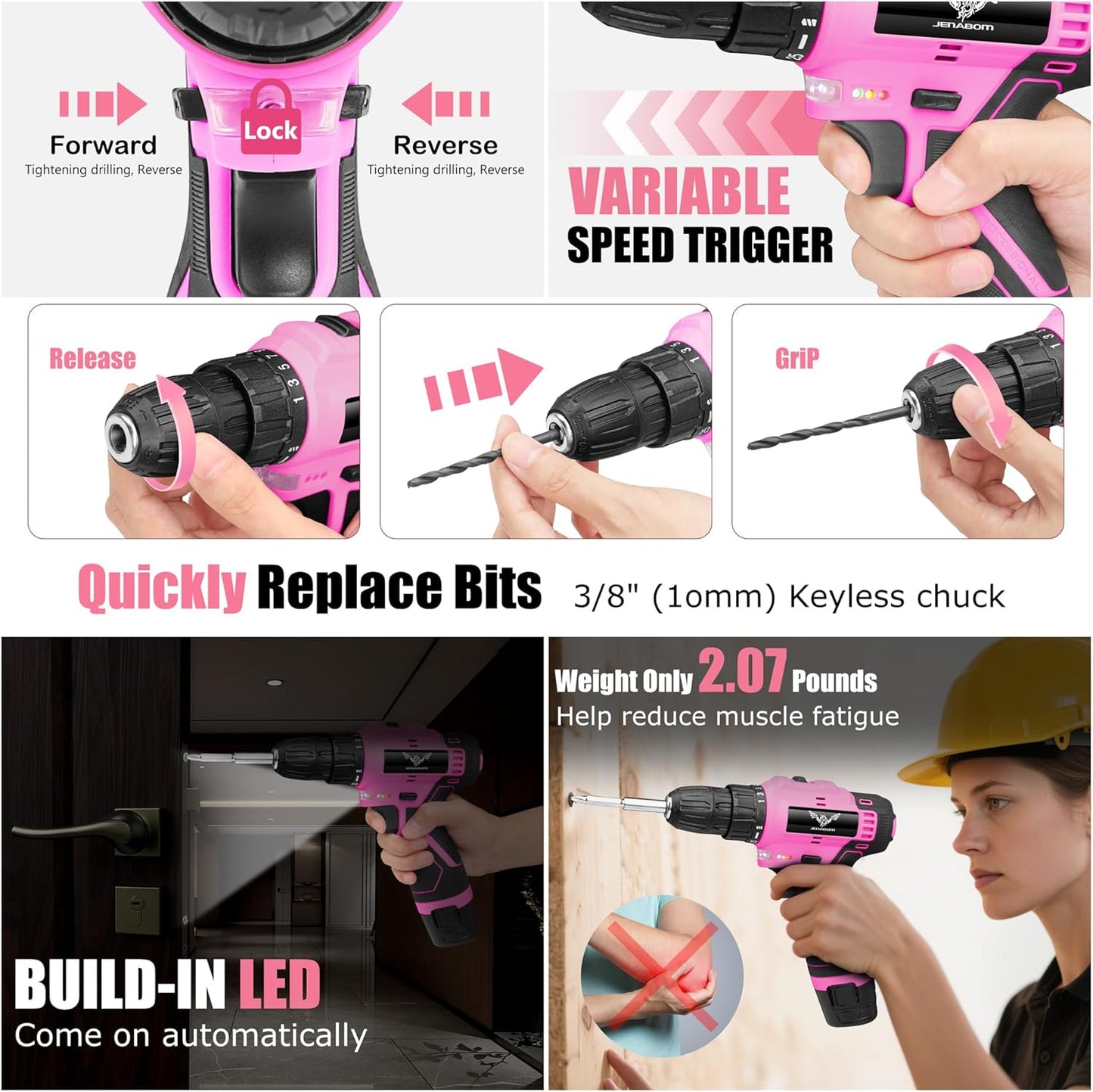 JENABOM Pink Tool Set - 12V Cordless Drill Kit, 151 Piece Home Tools Set With Power Drill, Tool Kits for Men & Women, Perfect for Homeowner, Diyer, Handyman