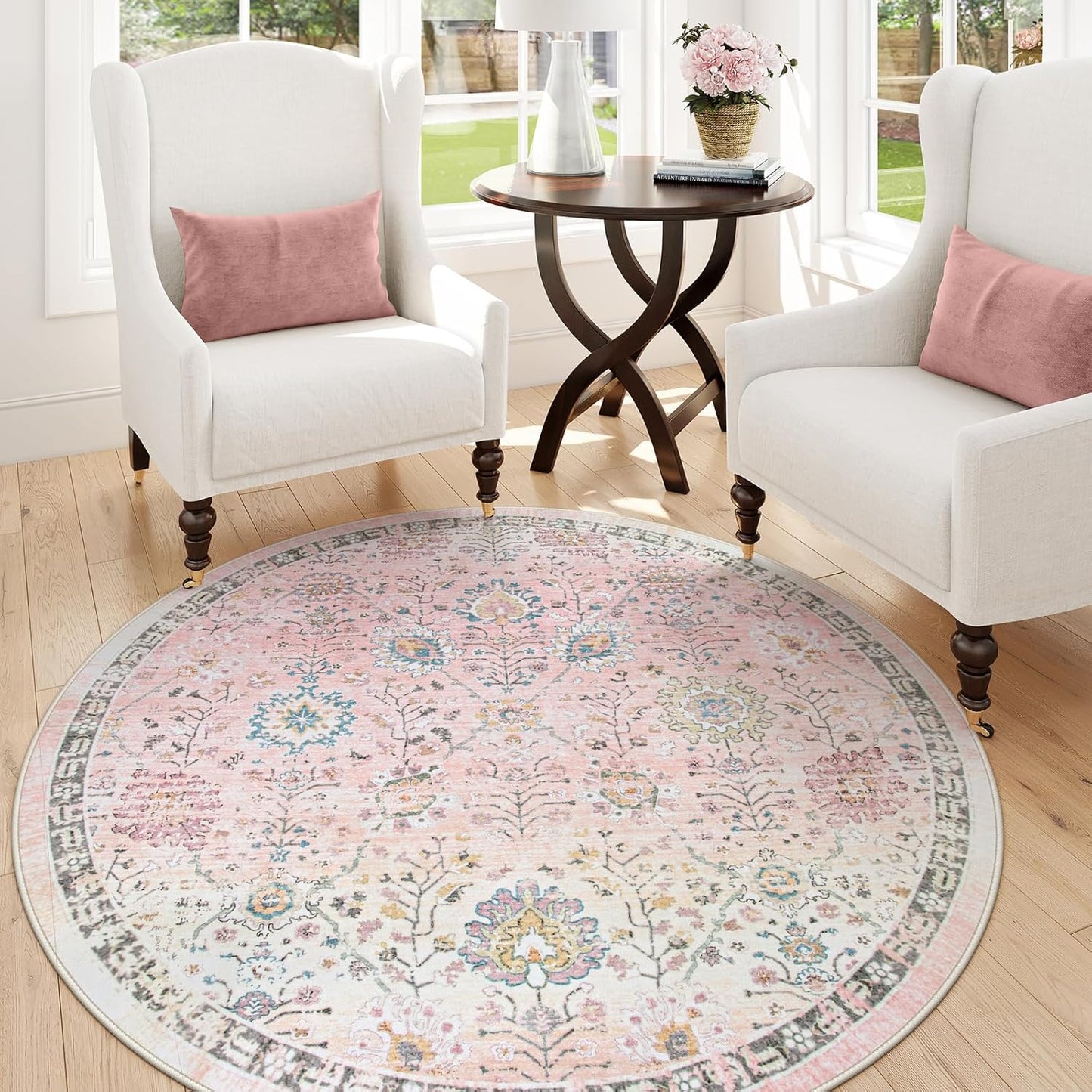 Lahome Flavie Light Pink Boho Rug 6ft, Circle Washable Area Rugs for Playroom Kids Room, Soft Floral Nursery Round Carpet Non Slip, Pastel Floor Carpet for Bedroom Living Room