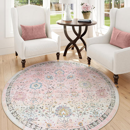 Lahome Flavie Light Pink Boho Rug 6ft, Circle Washable Area Rugs for Playroom Kids Room, Soft Floral Nursery Round Carpet Non Slip, Pastel Floor Carpet for Bedroom Living Room
