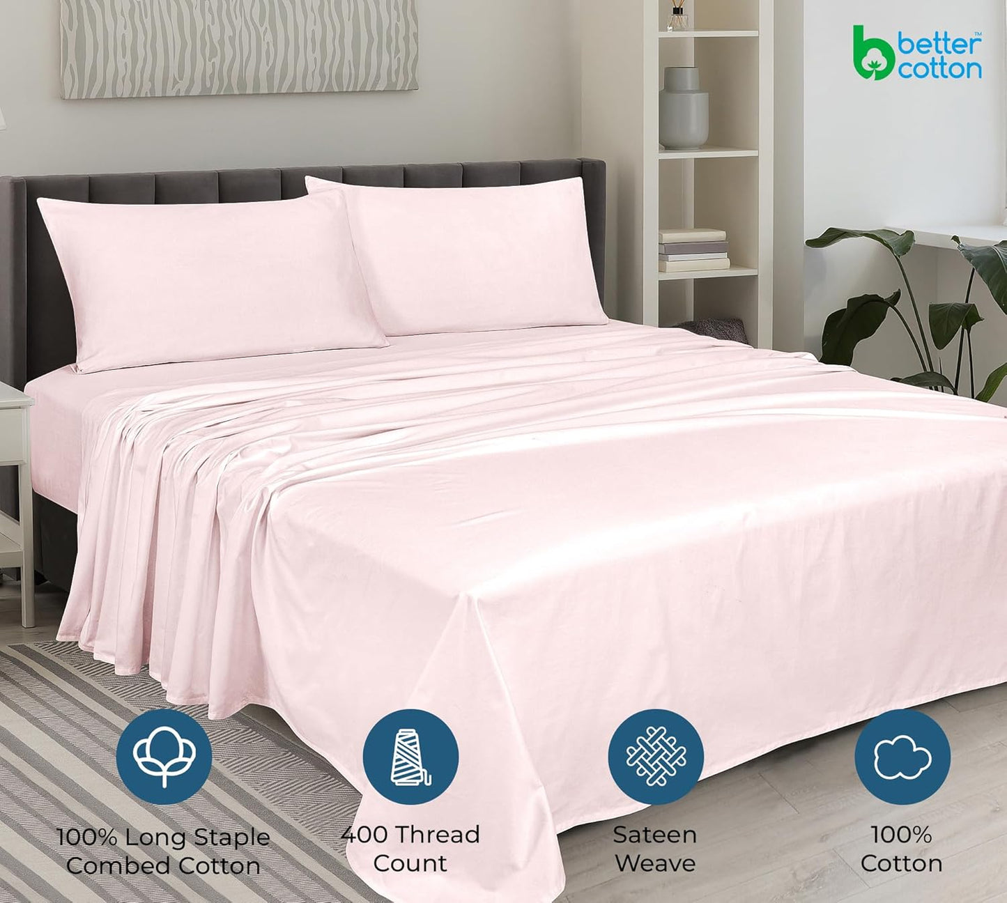 ROYALE LINENS 400 Thread Count 100% American Grown Cotton 4 Piece Sateen King Sheet Set - 1 Fitted Sheet, 1 Flat Sheet, 2 Pillow case - Pink King Bedsheet - Cotton Sheets - (King, Kyoto Blush)