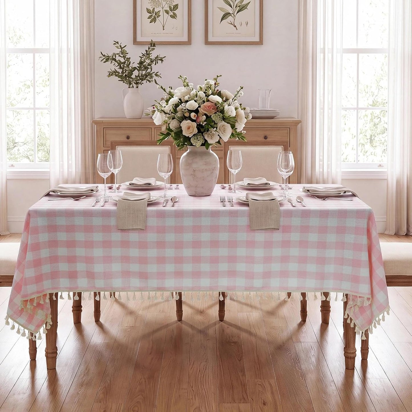Romanstile Pink Gingham Tablecloth Rectangle, Outdoor Waterproof Linen Cotton Checkered Table Cloth with Tassel, Heavy Duty Wrinkle Free Buffalo Plaid Table Cover for Picnic Camping - 55 x 84 Inch