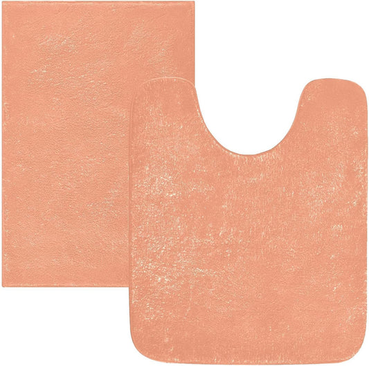 Peach Color Plush Bath Rug Set, Soft Absorbent Fluffy Bathroom Mats with Non Slip TPR Backing, U Shaped Toilet Rug and Rectangle Bath Mat