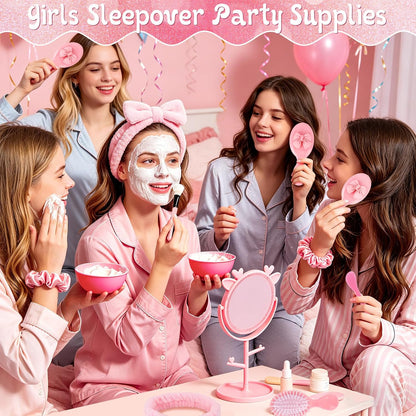 56 Pcs Pink Spa Sleepover Party Supplies Include Sleep Eye Mask Wristband Scrunchie Spa Headband with Coquette Bow Mirror Hair Comb Gift Bags for Women (Spa Party Favors（6 setd）)
