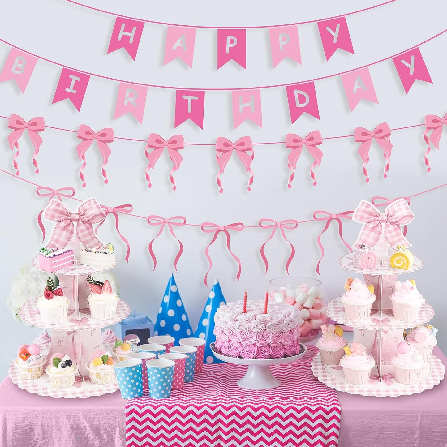 NatNarr 2 Pack Pink Bow Birthday Decorations Bow Cupcake Stand Coquette Theme Birthday Decorations for Women Girls Bachelorette Bridal Engagement Wedding Baby Shower Supplies