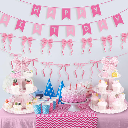 NatNarr 2 Pack Pink Bow Birthday Decorations Bow Cupcake Stand Coquette Theme Birthday Decorations for Women Girls Bachelorette Bridal Engagement Wedding Baby Shower Supplies