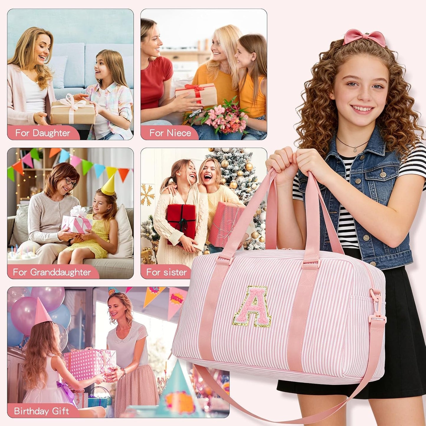 Birthday Gifts for Teen Girls - Initial Travel Duffle Bags, Personalized Overnight Weekender Bags with Shoe Compartment, Kids Gym Dance Bag, Carry On Bag, Gifts for Girls Women (Pink, A)