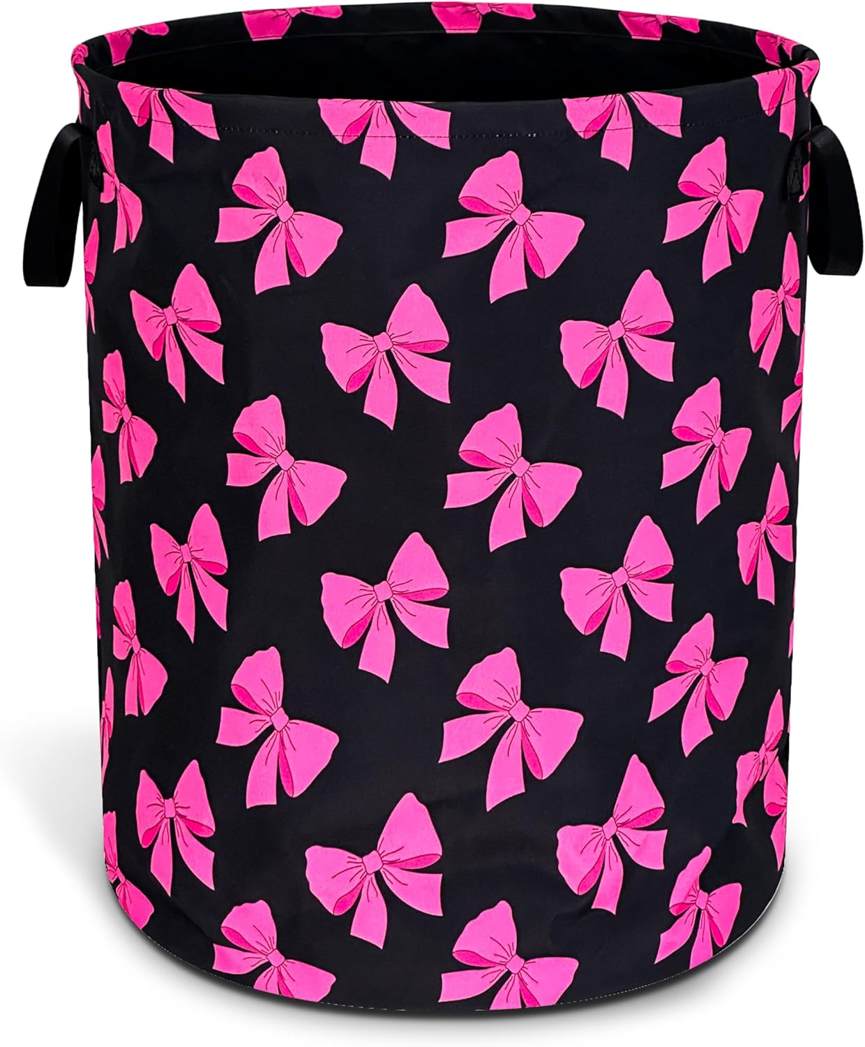 Pink Bow Laundry Basket Funny Bowknot Foldable Waterproof Oxford Cloth Tote Bag Laundry Hamper Round Large Clothes Storage Bucket Organizer For Bathroom/Laundry Storage/Bedroom 18.9x16.5 Inch