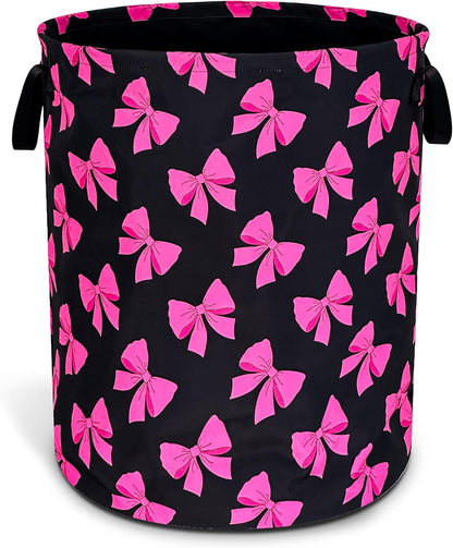 Pink Bow Laundry Basket Funny Bowknot Foldable Waterproof Oxford Cloth Tote Bag Laundry Hamper Round Large Clothes Storage Bucket Organizer For Bathroom/Laundry Storage/Bedroom 18.9x16.5 Inch