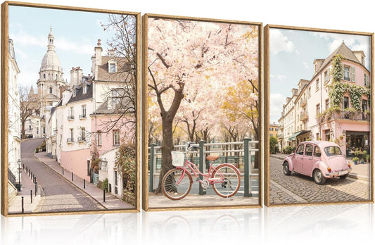 Ausril Italy Pink Cityscape Framed Canvas Wall Art Set, Romantic Flower Street Wall Decor, Vintage Travel City Wall Painting, Italian Pink Bike Art Prints for Living Room, Bedroom, Office - 16"X24"X3