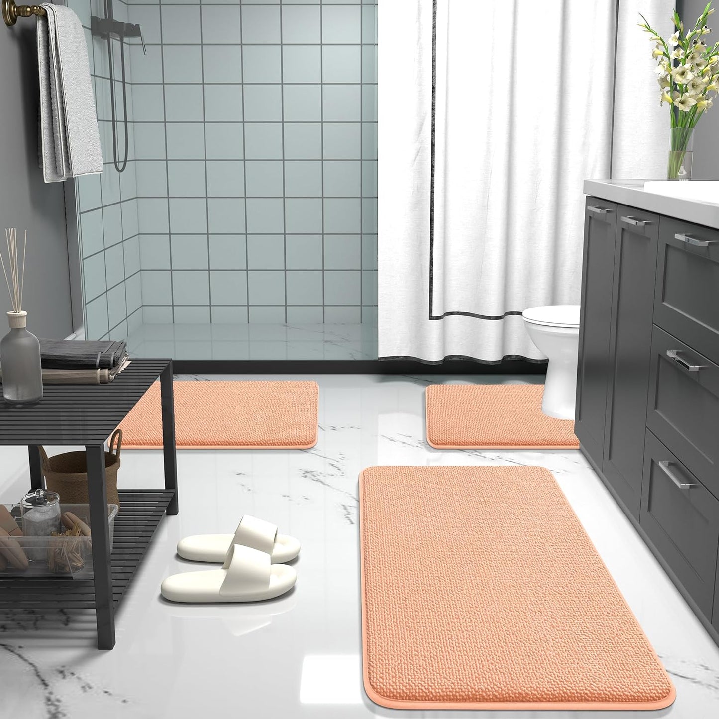 OLANLY Thick Memory Foam Bath Mat Rug 30x20, Extra Soft Absorbent Bathroom Rug, Quick Dry Bath Mats, Non-Slip, Machine Washable Carpet for Bathroom, Tub and Shower, Home Decor Accessories, Peach