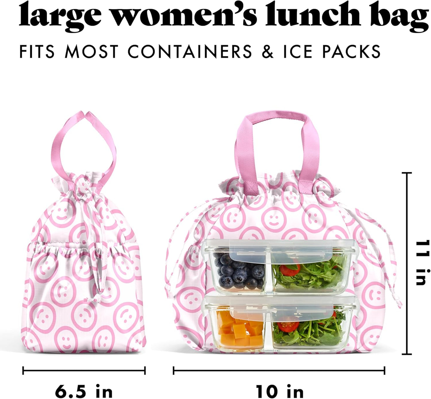 Fit & Fresh Cromwell Drawstring Lunch Bag for Women, Complete Lunch Set with 2 Containers, Stain-Resistant, Leak-Resistant, Back to School Essential, Teacher Lunchbox, All Smiles Pink