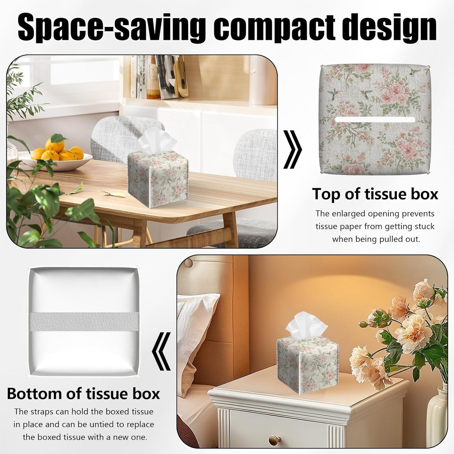 2 Pack Pink Flowers Tissue Box Cover Square Floral Bird PU Leather Tissue Box Holder Waterproof Facial Paper Organizer Dispenser for Bathroom Kitchen Home Office Car
