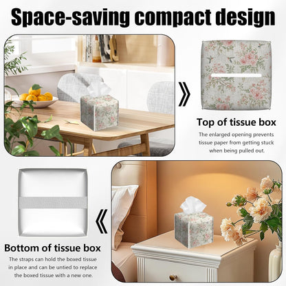 2 Pack Pink Flowers Tissue Box Cover Square Floral Bird PU Leather Tissue Box Holder Waterproof Facial Paper Organizer Dispenser for Bathroom Kitchen Home Office Car