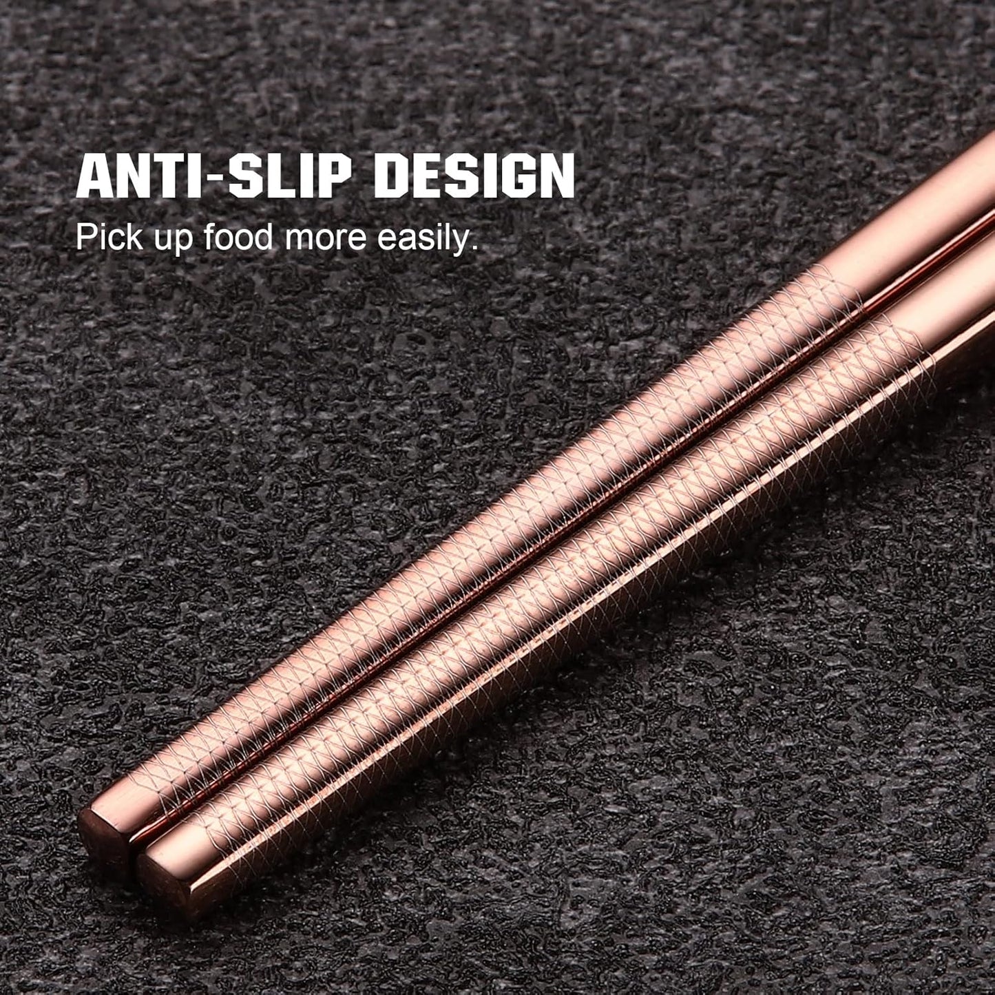 Titanium Stainless Steel 18/8 Reusable Chopsticks - 2 Pairs with Holder, Dishwasher Safe, Lightweight Japanese Style Gift Set (Rose Gold)
