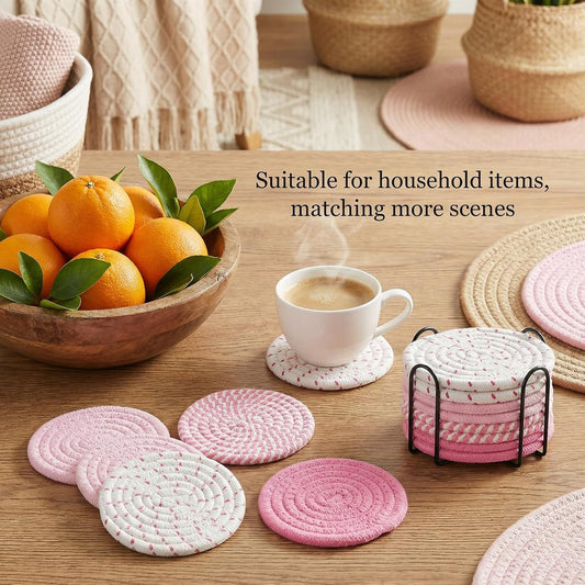 Drink Coasters Set of 8 with Holder – Cotton Woven Absorbent Coasters, 4 Colors for Coffee, Beer, Drinks & Tabletop Protection (Pink)