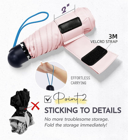 Mini Umbrella for Travel Compact - UPF 100+ UV Sun Umbrella for Purse Backpack,Super mini Sturdy Pocket Folding Umbrella with Absorbent Sleeve, Heavy Duty Parasol