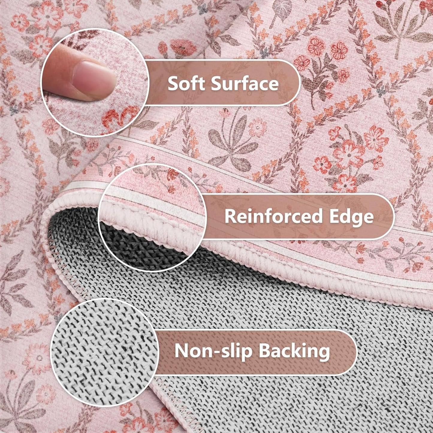 Pink Runner Rug for Bathroom 2x6, Washable Runner Rug Non Slip, Aesthetic Boho Floral Kitchen Area Carpet for Bedroom Hallway Laundry Entryway