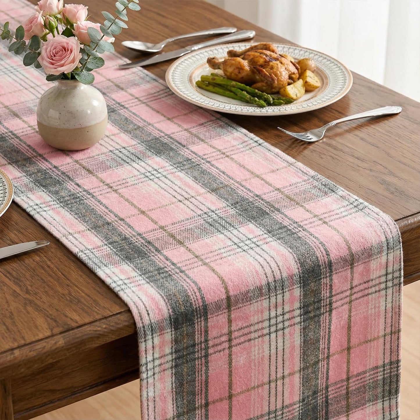 Artoid Mode Pink Grey Farmhouse Plaid Spring Table Runner, Winter Rustic Holiday Check Kitchen Dining Table Decoration for Home Party Decor 13x72 Inch