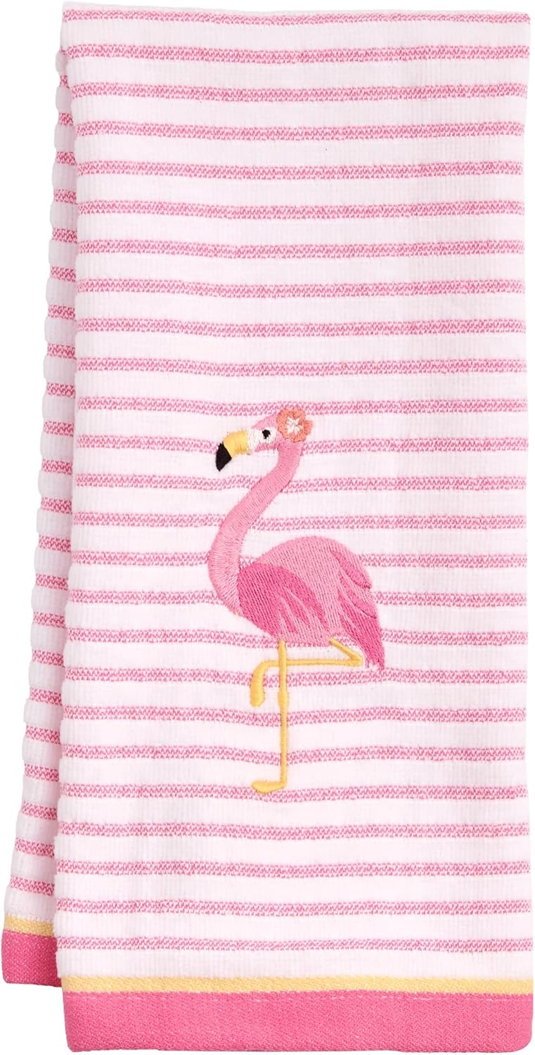 Ritz 2-Piece Cotton Velour Bathroom Hand Towel Set, Embroidered Flamingo Design, Soft Pink Pinstripe Decorative Towels for Tropical, Coastal, or Pool House Decor, 16” x 26”
