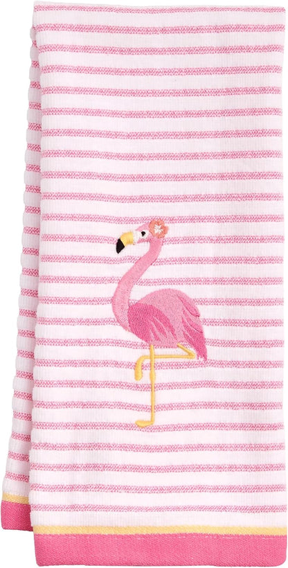 Ritz 2-Piece Cotton Velour Bathroom Hand Towel Set, Embroidered Flamingo Design, Soft Pink Pinstripe Decorative Towels for Tropical, Coastal, or Pool House Decor, 16” x 26”