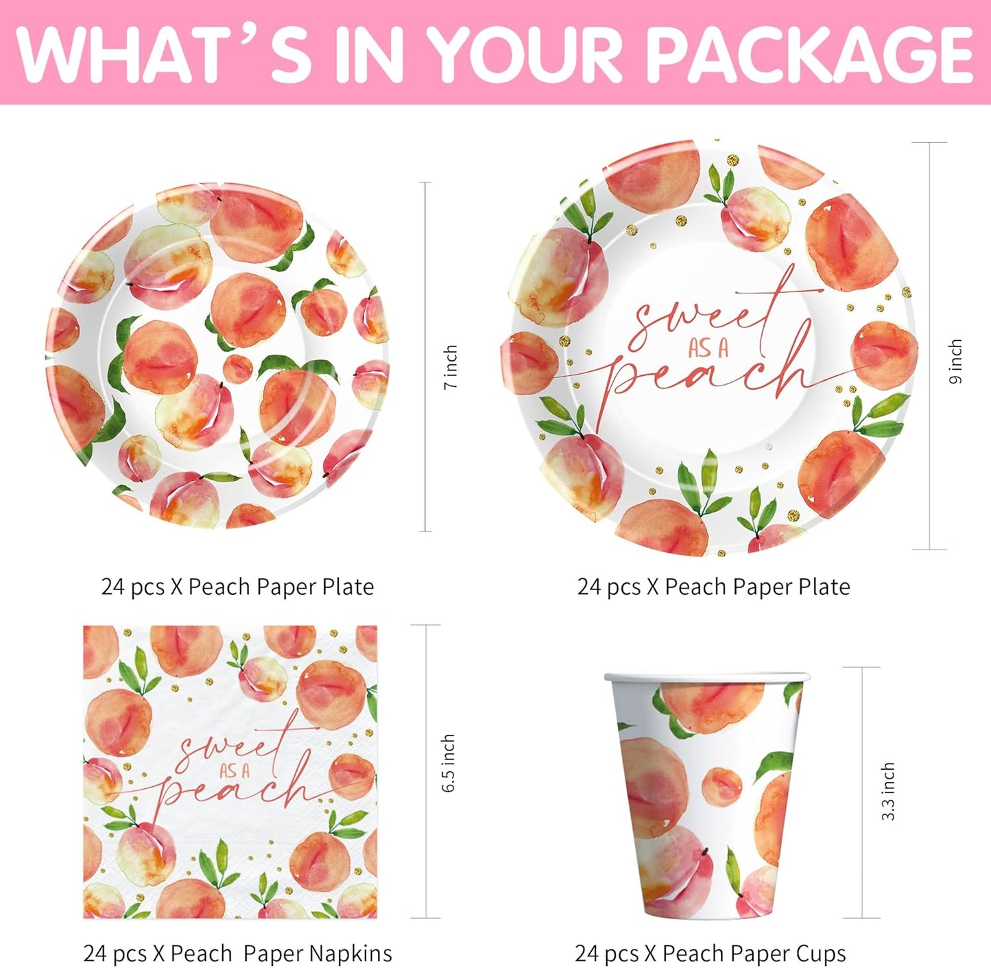 Peach Decorations Party Tableware - Fruit Theme One Sweet Peach Birthday Supplies, Plate, Cup, Napkin, Tablecloth, Cutlery, Baby Shower Decorations | Serves 24