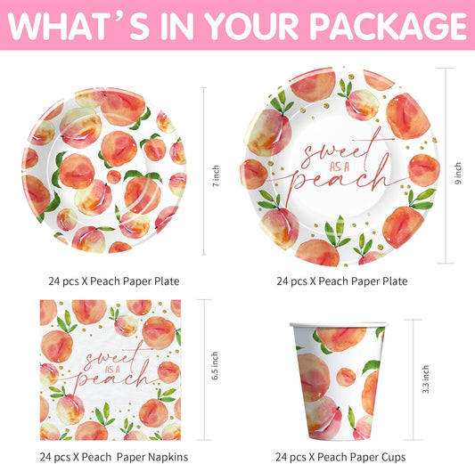 Peach Decorations Party Tableware - Fruit Theme One Sweet Peach Birthday Supplies, Plate, Cup, Napkin, Tablecloth, Cutlery, Baby Shower Decorations | Serves 24