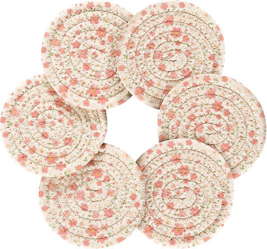 Light Pink Small Flowers Absorbent Table Coasters with Holder Set of 6 for Desk Coasters Kitchen Decor