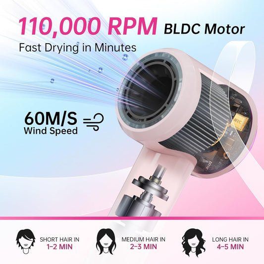 Ionic Hair Dryer, 110000 RPM High-Speed BLDC Motor, Fast Drying Blow Dryer with Negative Ion Technology, 8 Heat & Speed Modes for Curly Thick & Fine Hair, Low Noise Lightweight, Baby Pink