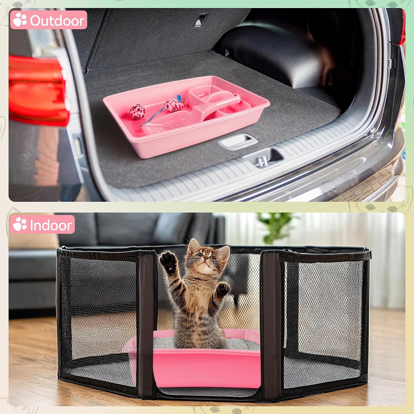 PAWISE Newborn Small Cat Litter Box Kit for Kittens – 5‑Piece Kit with Low Entry Litter Pan, Scooper, Feeding Bowls & Mouse Toy – Cat Starter Set for New Kitty Home, Pink