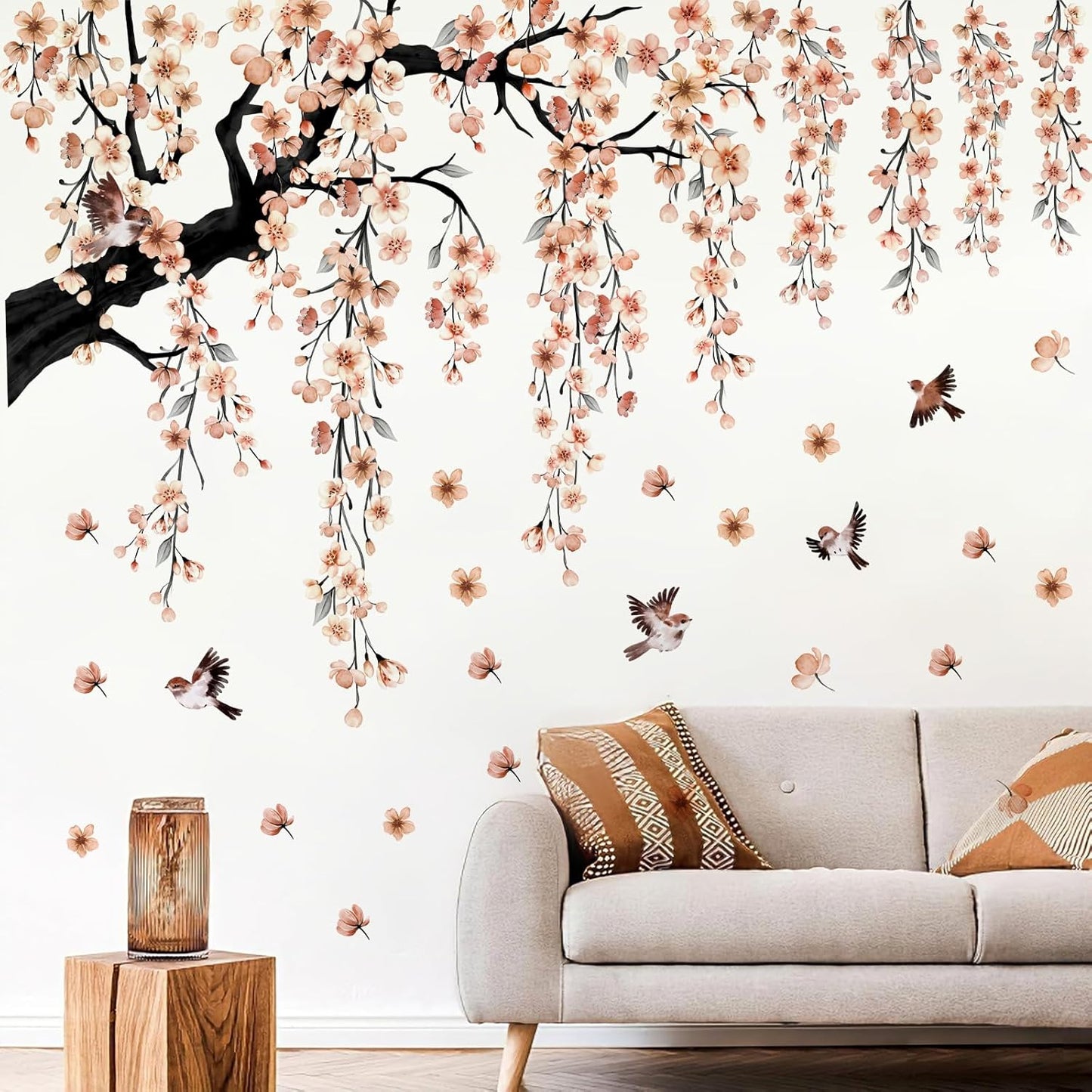Cherry Blossom Branch Wall Stickers Watercolor Large Floral Bird Wall Decals Right-Extending Peel and Stick for Bedroom Living Room Kid's Room