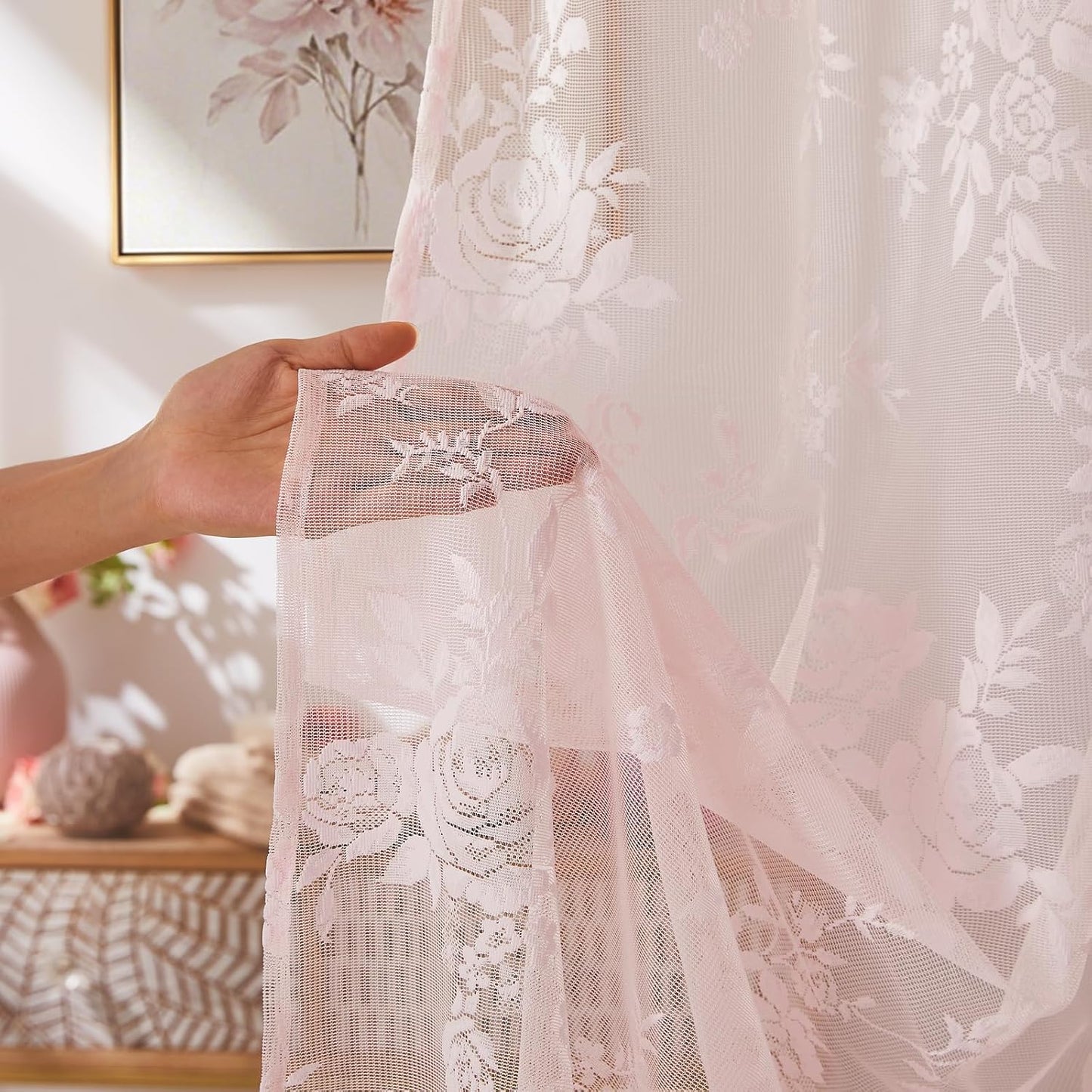 SEEKRIGHT Pink Lace Shower Curtain with Attached Valance Romantic Floral Shower Curtain Cute Scalloped Edge Lace Shabby Chic Bath Curtains for Spa Hotel Bathroom Farmhouse Decor, 1 Panel, 72x72