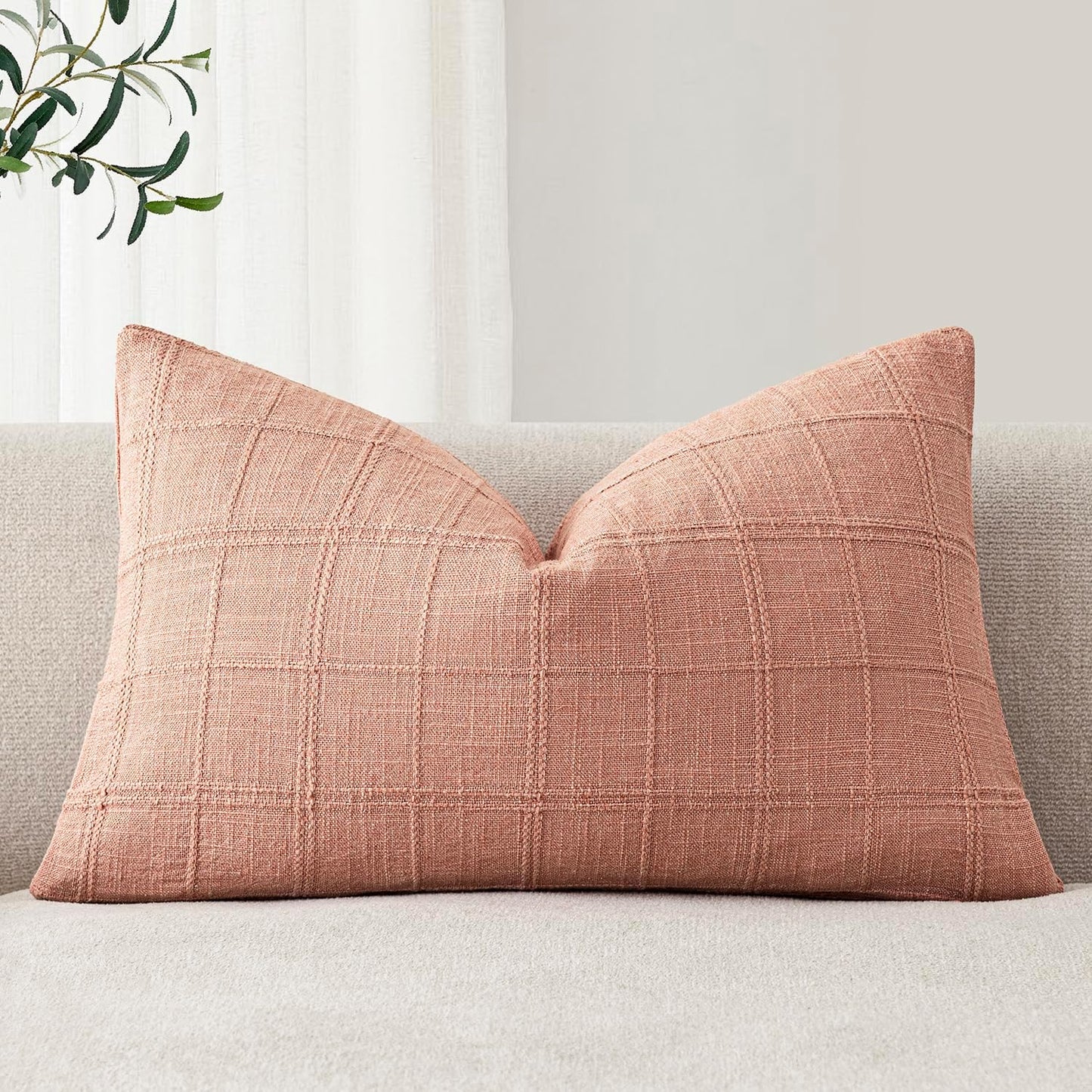 Foindtower Set of 1 Decorative Linen Check Throw Pillow Cover Neutral Farmhouse Lumbar Cushion Cover Modern Boho Accent Home Decor for Sofa Chair Couch Bedroom Living Room,12×20 Inch,Coral Pink