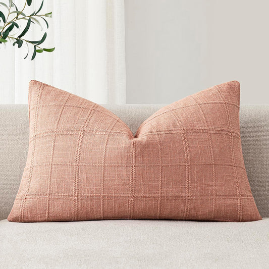 Foindtower Set of 1 Decorative Linen Check Throw Pillow Cover Neutral Farmhouse Lumbar Cushion Cover Modern Boho Accent Home Decor for Sofa Chair Couch Bedroom Living Room,12×20 Inch,Coral Pink