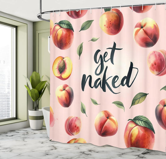 Ambesonne Peach Shower Curtain, Get Naked Phrase Written on Pastel Back Fruits and Leaves Fun Playful, Cloth Fabric Bathroom Decor Set with Hooks, 69" W x 70" L, Blush Dark Coral Yellow