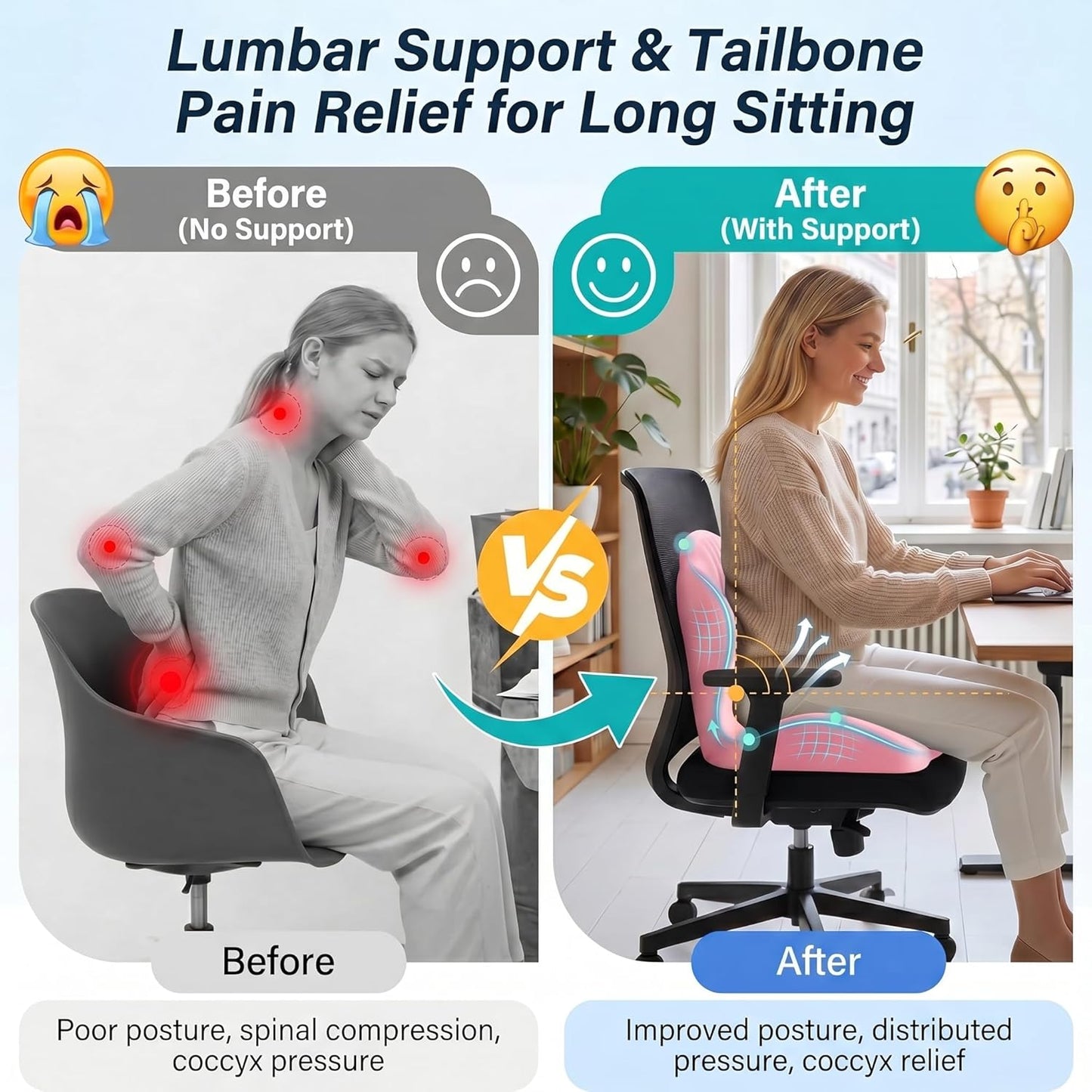 Ergonomic Office Chair Seat Cushion, L-Shaped Memory Foam Coccyx Cushion for Tailbone Pain Relief, Orthopedic Car Seat Cushion with Lumbar Support & Cutout Hollow for Sciatica & Back Pain (Pink)