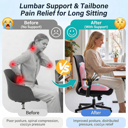 Ergonomic Office Chair Seat Cushion, L-Shaped Memory Foam Coccyx Cushion for Tailbone Pain Relief, Orthopedic Car Seat Cushion with Lumbar Support & Cutout Hollow for Sciatica & Back Pain (Pink)